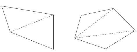 To geometriske figurer. Den ene er en firkant som er delt i to trekanter, og den andre er en femkant som er delt i tre trekanter.